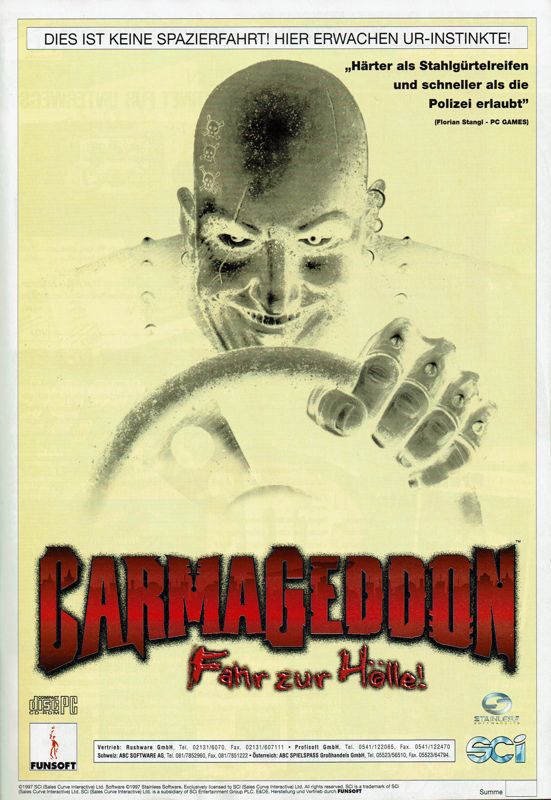 Carmageddon Magazine Advertisement (Magazine Advertisements): PC Player (Germany), Issue 10/1997 Part 2
