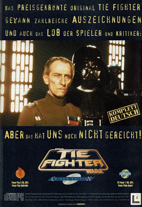 Star Wars: TIE Fighter - Collector's CD-ROM Magazine Advertisement (Magazine Advertisements): PC Player (Germany), Issue 03/1996