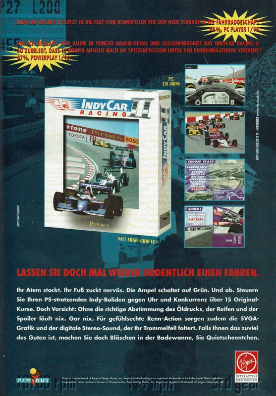 IndyCar Racing II Magazine Advertisement (Magazine Advertisements): PC Player (Germany), Issue 03/1996
