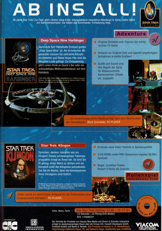 Star Trek: Klingon Magazine Advertisement (Magazine Advertisements): PC Player (Germany), Issue 07/1996