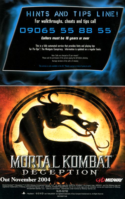 Mortal Kombat: Deception Manual Advertisement (Game Manual Advertisements): Psi-Ops: The Mindgate Conspiracy (UK PS2 release) manual back