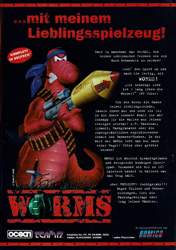 Worms Magazine Advertisement (Magazine Advertisements): PC Player (Germany), Issue 01/1996 Part 2