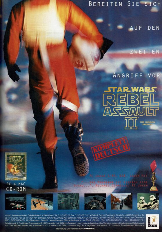 Star Wars: Rebel Assault II - The Hidden Empire Magazine Advertisement (Magazine Advertisements): PC Player (Germany), Issue 04/1996