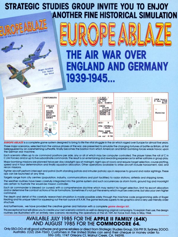 Europe Ablaze Magazine Advertisement (Magazine Advertisements): Computer Gaming World (United States) Issue 5.3 (Jun-Jul 1985)