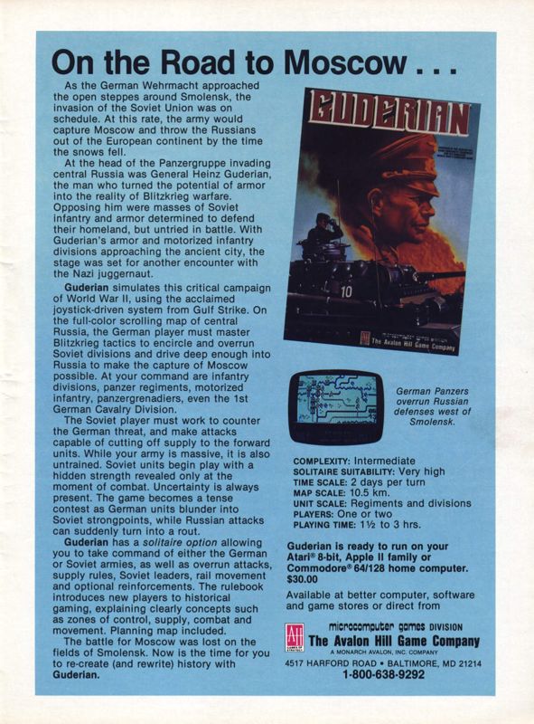 Guderian Magazine Advertisement (Magazine Advertisements): Computer Gaming World (United States) Issue 31 (Sep-Oct 1986)