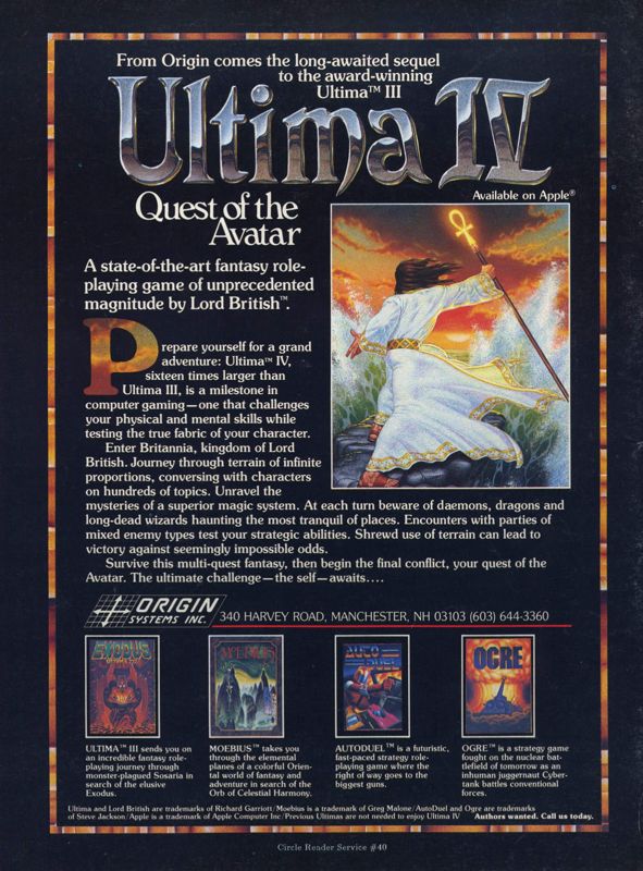 Ultima IV: Quest of the Avatar Magazine Advertisement (Magazine Advertisements): Computer Gaming World (United States) Issue 31 (Sep-Oct 1986)