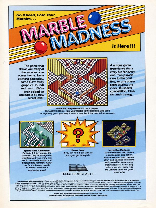 Marble Madness Magazine Advertisement (Magazine Advertisements): Computer Gaming World (United States) Issue 32 (November 1986)