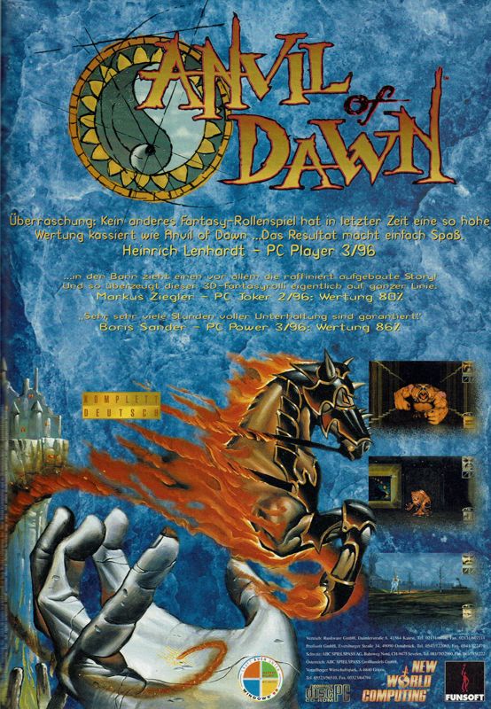Anvil of Dawn Magazine Advertisement (Magazine Advertisements): PC Player (Germany), Issue 05/1996