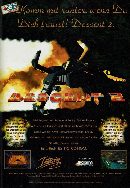Descent II Magazine Advertisement (Magazine Advertisements): PC Player (Germany), Issue 05/1996