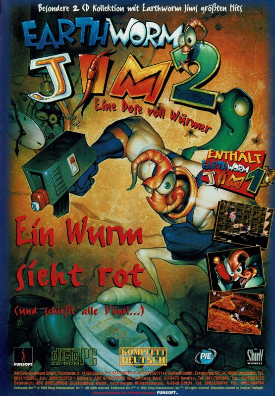 Earthworm Jim 1 & 2: The Whole Can 'O Worms Magazine Advertisement (Magazine Advertisements): PC Player (Germany), Issue 05/1996