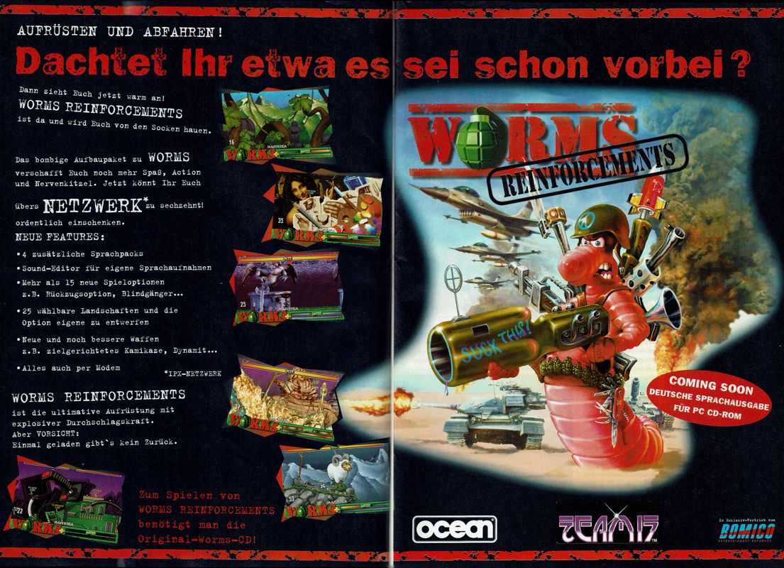 Worms: Reinforcements Magazine Advertisement (Magazine Advertisements): PC Player (Germany), Issue 05/1996