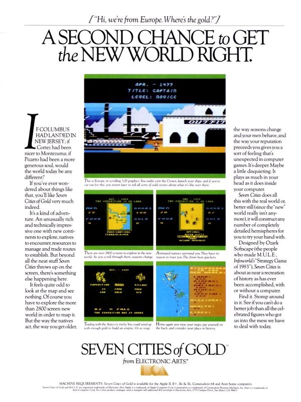 The Seven Cities of Gold Magazine Advertisement (Magazine Advertisements): Computer Gaming World (United States) Issue 4.6 (December 1984)