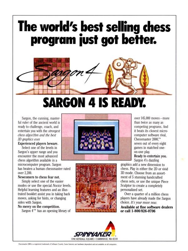 Sargon 4 Magazine Advertisement (Magazine Advertisements): Computer Gaming World (United States) Issue 51 (September 1988)