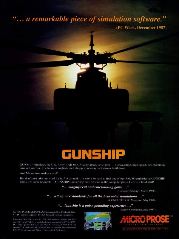 Gunship Magazine Advertisement (Magazine Advertisements): Computer Gaming World (United States) Issue 55 (January 1989)