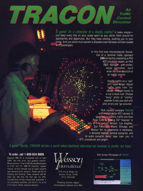 Tracon: Air Traffic Control Simulator Magazine Advertisement (Magazine Advertisements): Computer Gaming World (United States) Issue 52 (October 1988)