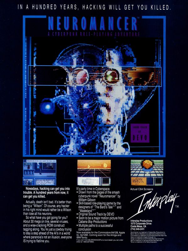 Neuromancer Magazine Advertisement (Magazine Advertisements): Computer Gaming World (United States) Issue 55 (January 1989)