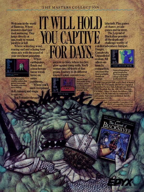 The Legend of Blacksilver Magazine Advertisement (Magazine Advertisements): Computer Gaming World (United States) Issue 55 (January 1989)