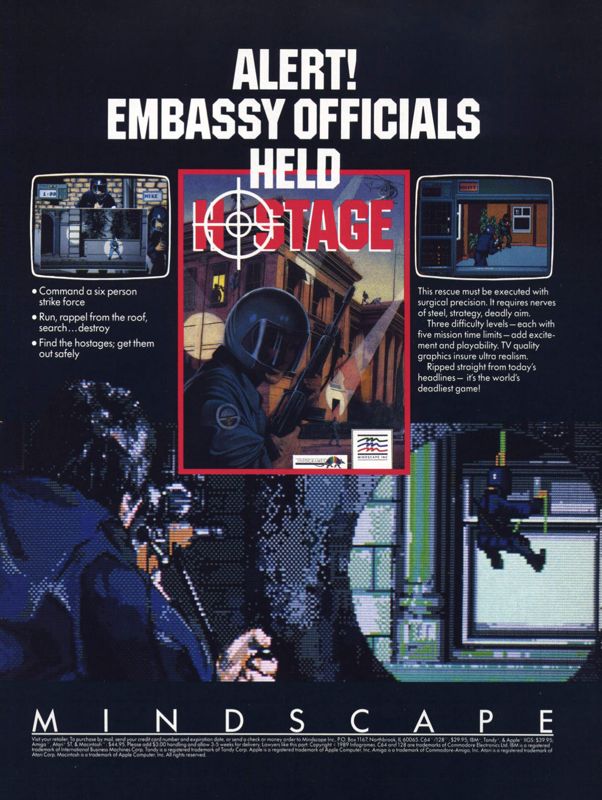 Hostage: Rescue Mission Magazine Advertisement (Magazine Advertisements): Computer Gaming World (United States) Issue 57 (March 1989)