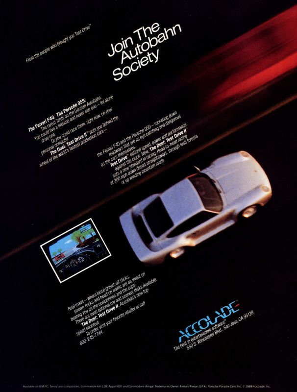 The Duel: Test Drive II Magazine Advertisement (Magazine Advertisements): Computer Gaming World (United States) Issue 58 (April 1989)