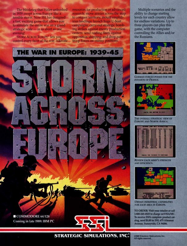 Storm Across Europe Magazine Advertisement (Magazine Advertisements): Computer Gaming World (United States) Issue 61 (July 1989)