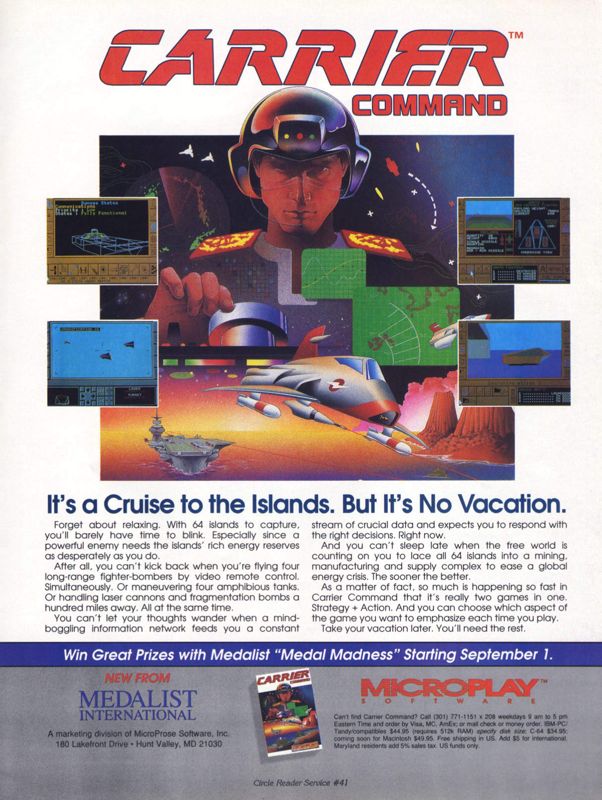 Carrier Command Magazine Advertisement (Magazine Advertisements): Computer Gaming World (United States) Issue 64 (October 1989)