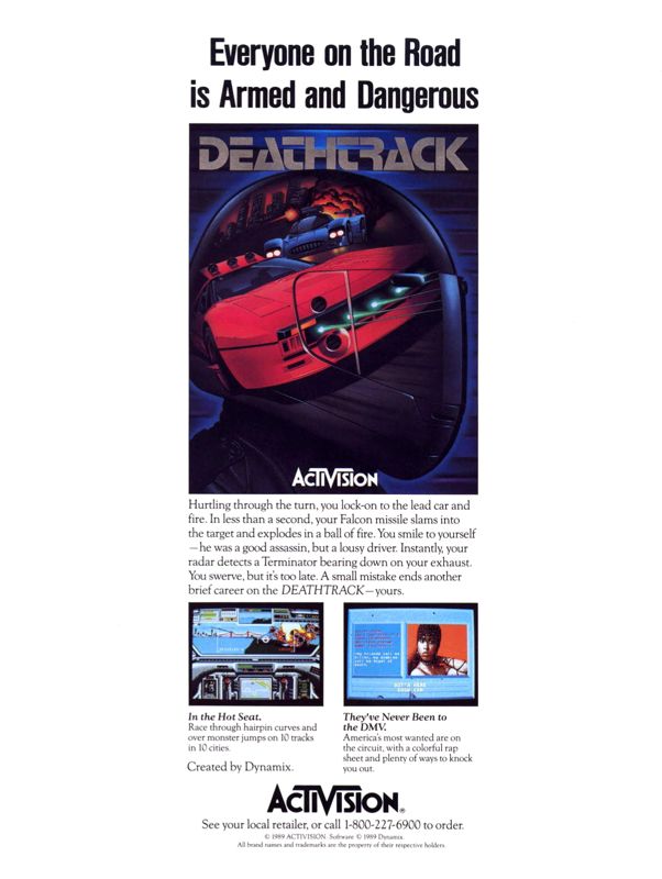 Deathtrack Magazine Advertisement (Magazine Advertisements): Computer Gaming World (United States) Issue 65 (November 1989)