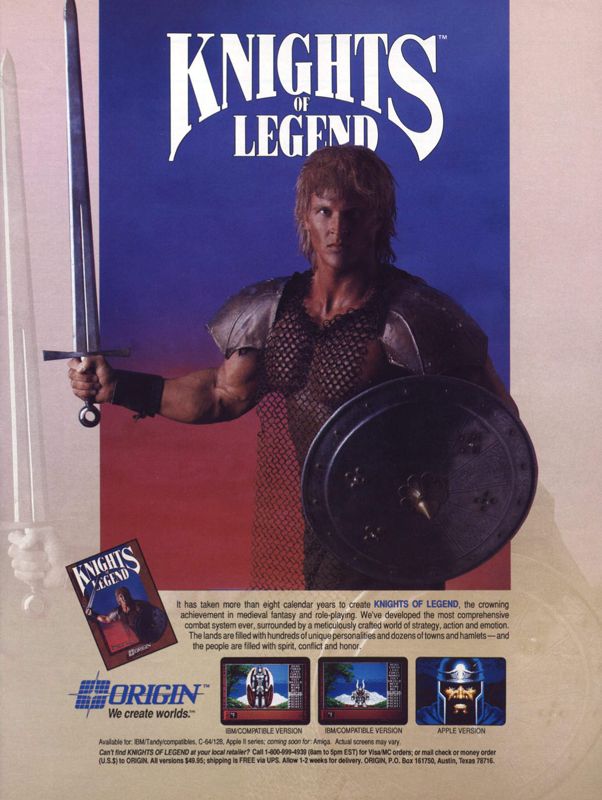 Knights of Legend Magazine Advertisement (Magazine Advertisements): Computer Gaming World (United States) Issue 65 (November 1989)