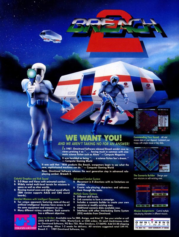 Breach 2 Magazine Advertisement (Magazine Advertisements): Computer Gaming World (United States) Issue 66 (December 1989)