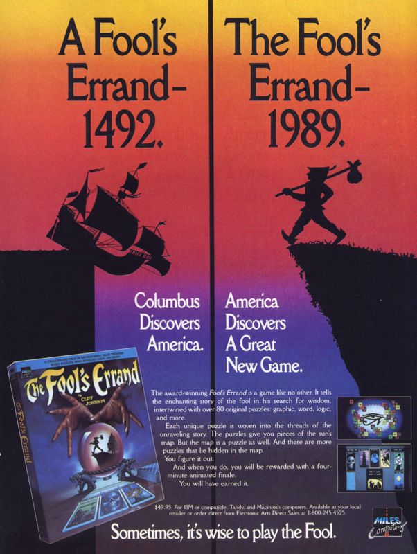 The Fool's Errand Magazine Advertisement (Magazine Advertisements): Computer Gaming World (United States) Issue 67 (January 1990)