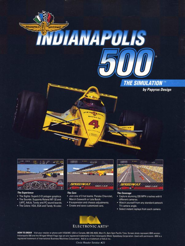 Indianapolis 500: The Simulation Magazine Advertisement (Magazine Advertisements): Computer Gaming World (United States) Issue 68 (February 1990)