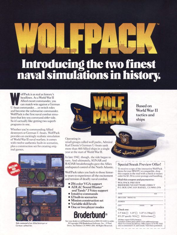 Wolf Pack Magazine Advertisement (Magazine Advertisements): Computer Gaming World (United States) Issue 71 (May 1990)