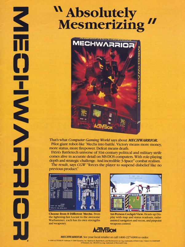 MechWarrior Magazine Advertisement (Magazine Advertisements): Computer Gaming World (United States) Issue 72 (June 1990)