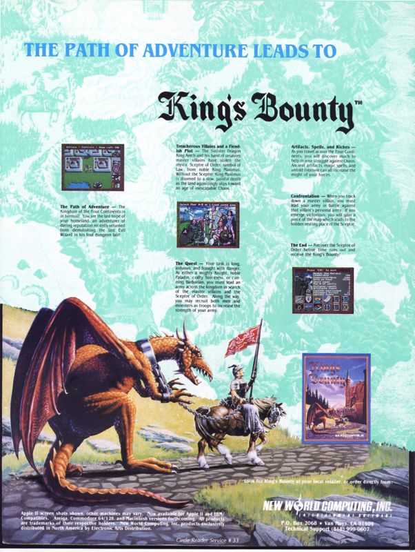 King's Bounty Magazine Advertisement (Magazine Advertisements): Computer Gaming World (United States) Issue 73 (Jul-Aug 1990)