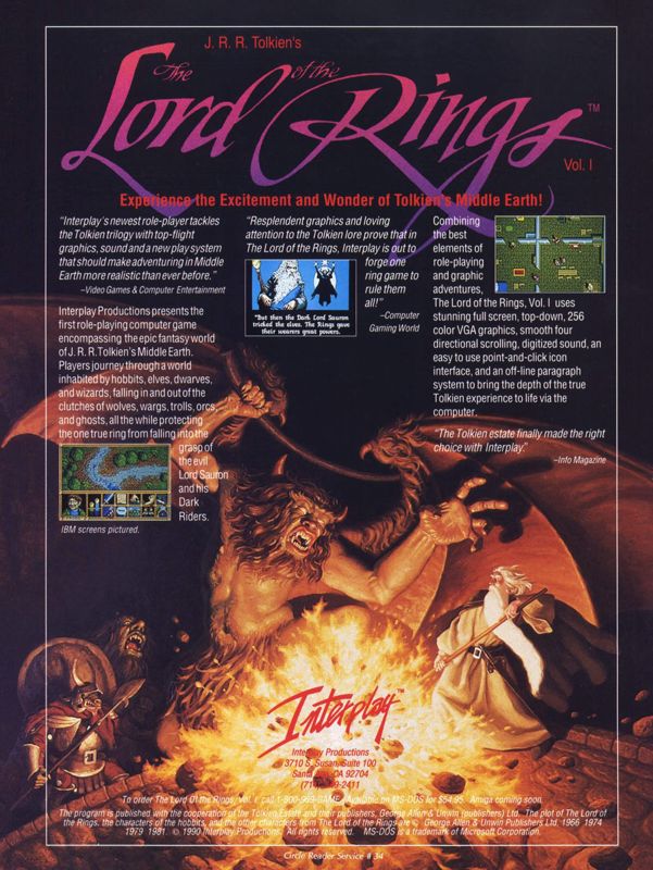 J.R.R. Tolkien's The Lord of the Rings, Vol. I Magazine Advertisement (Magazine Advertisements):<br> Computer Gaming World (United States) Issue 74 (September 1990)
