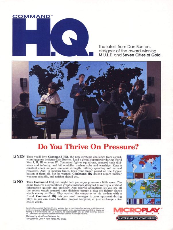 Command H.Q. Magazine Advertisement (Magazine Advertisements): Computer Gaming World (United States) Issue 72 (June 1990)