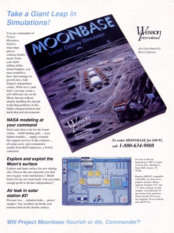 Moonbase Magazine Advertisement (Magazine Advertisements): Computer Gaming World (United States) Issue 77 (December 1990)