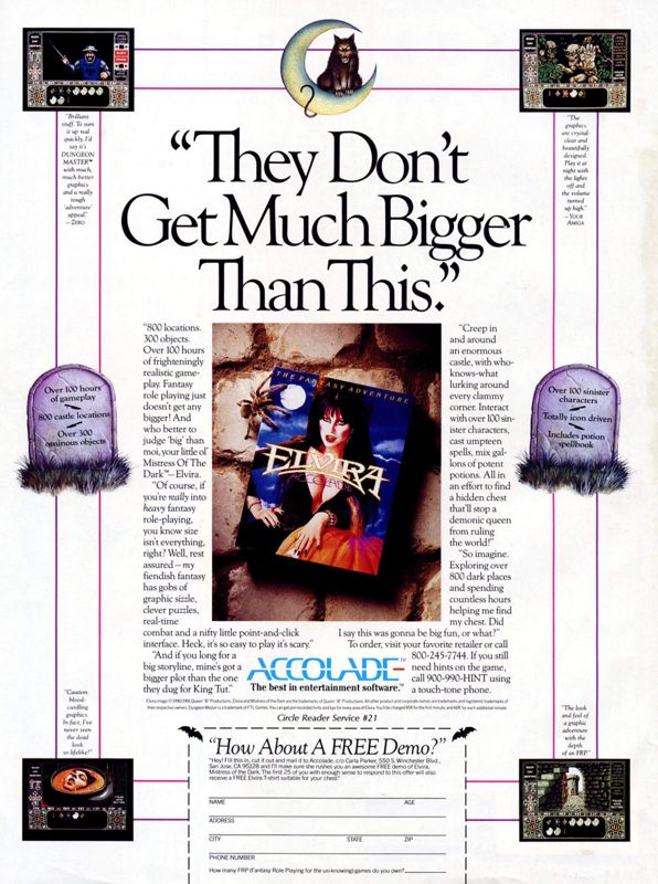 Elvira Magazine Advertisement (Magazine Advertisements): Computer Gaming World (United States) Issue 79 (February 1991)