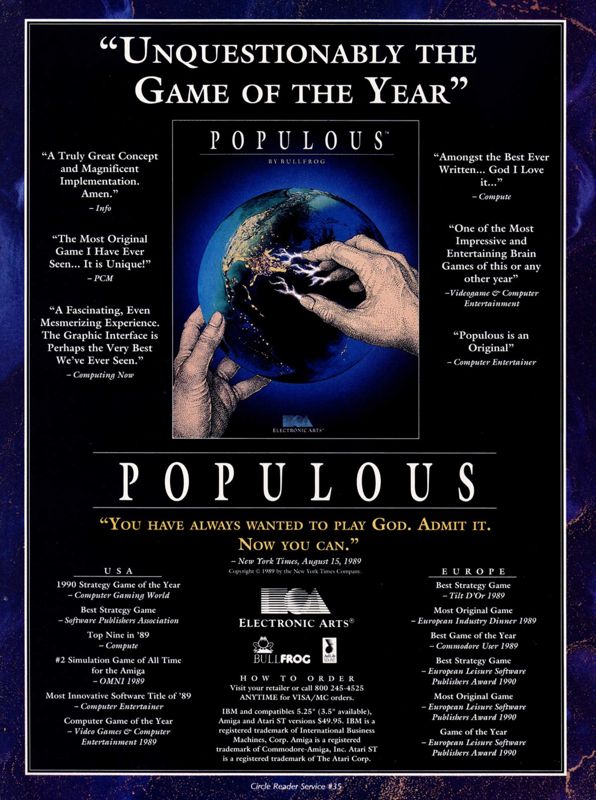 Populous Magazine Advertisement (Magazine Advertisements): Computer Gaming World (United States) Issue 77 (December 1990)