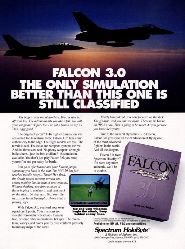 Falcon 3.0 Magazine Advertisement (Magazine Advertisements): Computer Gaming World (United States) Issue 76 (November 1990)