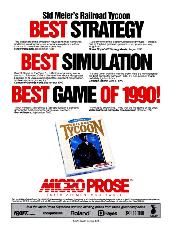 Sid Meier's Railroad Tycoon Magazine Advertisement (Magazine Advertisements): Computer Gaming World (United States) Issue 82 (May 1991)