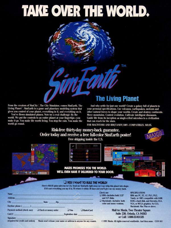 SimEarth: The Living Planet Magazine Advertisement (Magazine Advertisements): Computer Gaming World (United States) Issue 81 (April 1991)