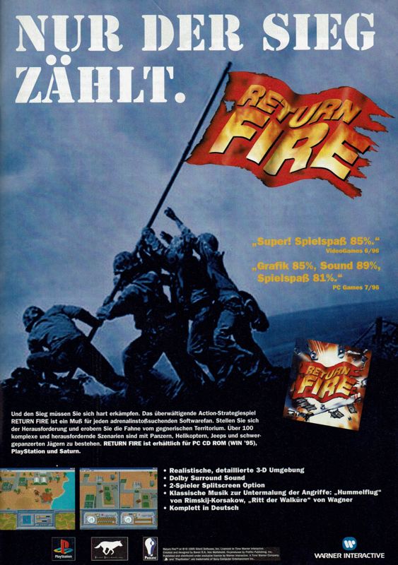 Return Fire Magazine Advertisement (Magazine Advertisements): PC Player (Germany), Issue 08/1996