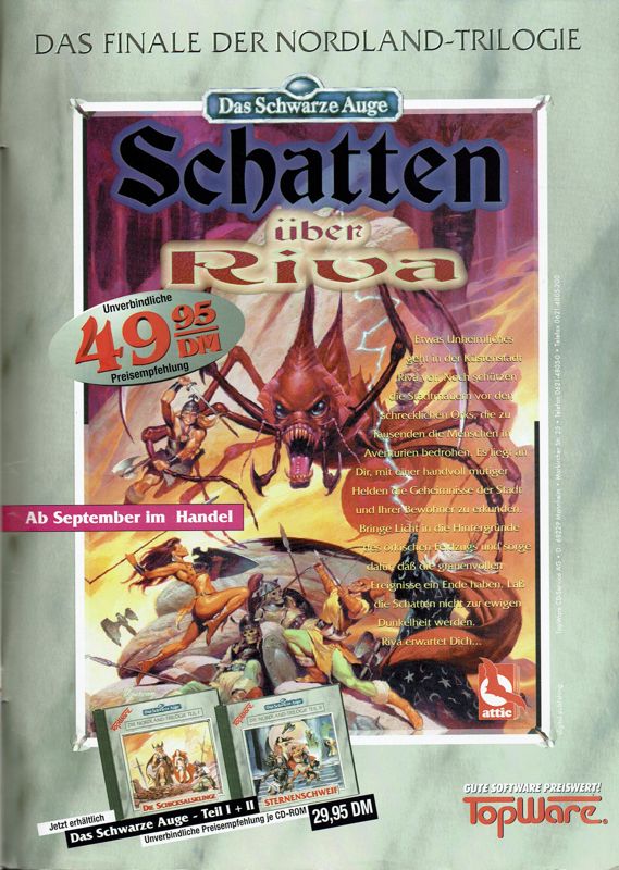 Realms of Arkania III: Shadows over Riva Magazine Advertisement (Magazine Advertisements): PC Player (Germany), Issue 08/1996