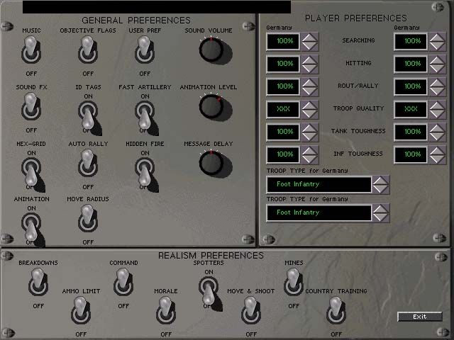 Steel Panthers II: Modern Battles Screenshot (SSI website, 1996): Preferences control panel.