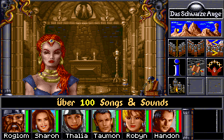 Realms of Arkania: Star Trail Other (Self-running demo, 1994-03-22): "Over 100 tunes and sounds" Product information (character portrait animates in the demo)