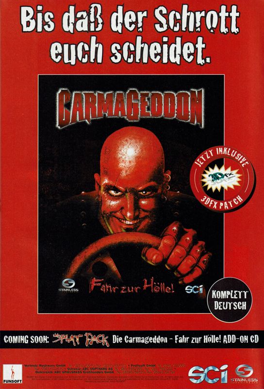 Carmageddon Magazine Advertisement (Magazine Advertisements): PC Player (Germany), Issue 01/1998
