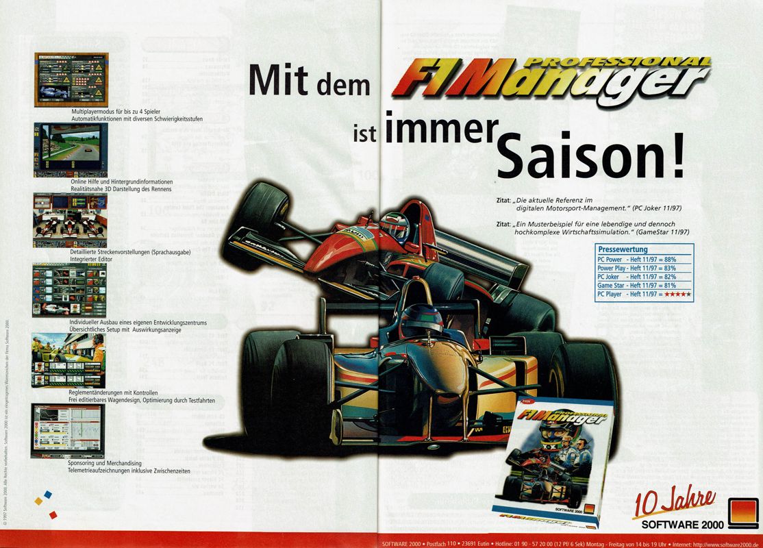 F1 Manager Professional Magazine Advertisement (Magazine Advertisements): PC Player (Germany), Issue 12/1997