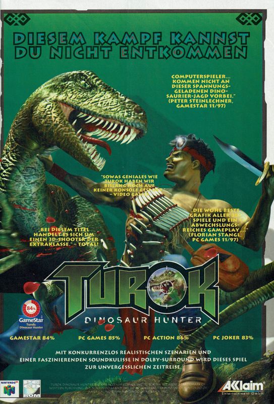 Turok: Dinosaur Hunter Magazine Advertisement (Magazine Advertisements): PC Player (Germany), Issue 01/1998