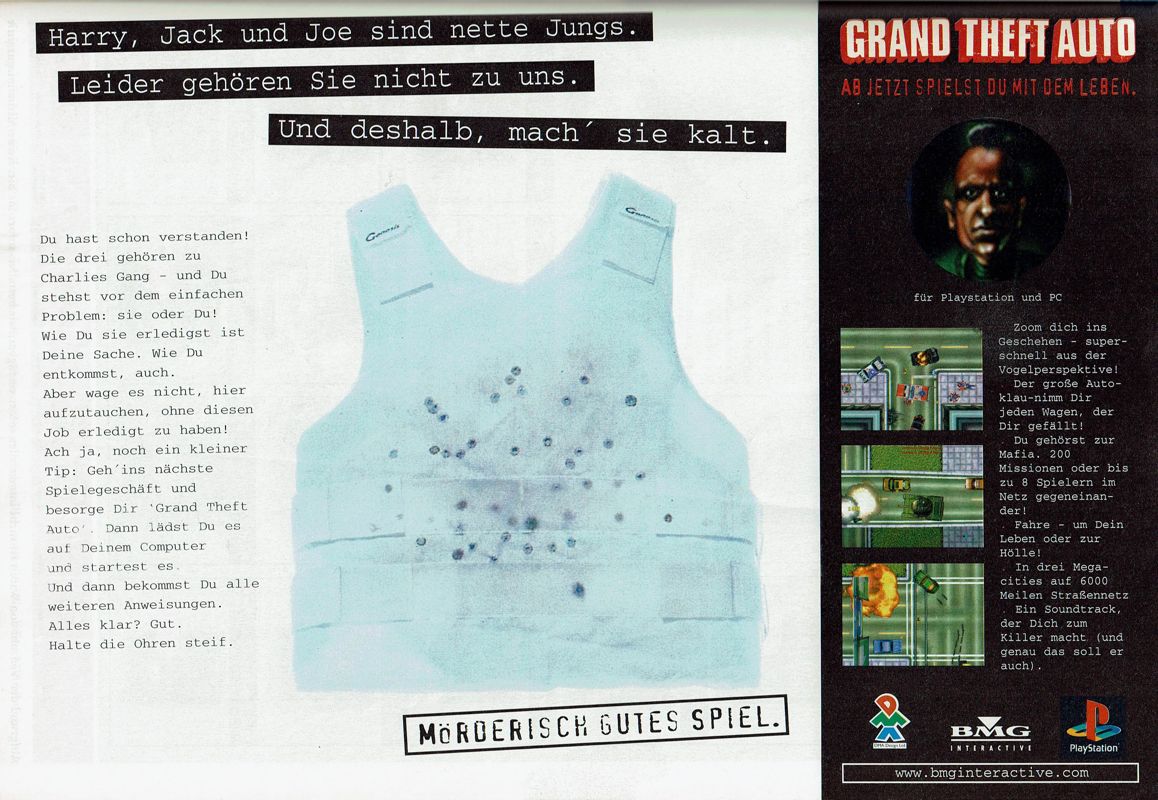 Grand Theft Auto Magazine Advertisement (Magazine Advertisements): PC Player (Germany), Issue 01/1998