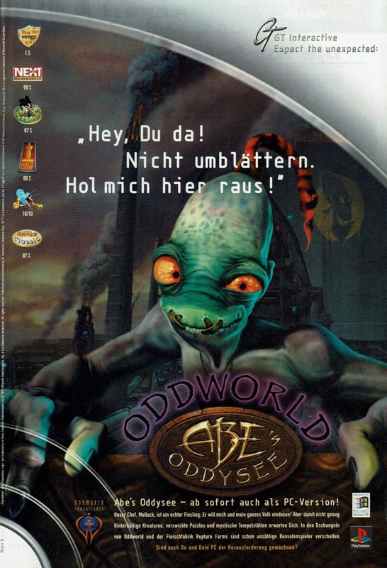 Oddworld: Abe's Oddysee Magazine Advertisement (Magazine Advertisements): PC Player (Germany), Issue 01/1998